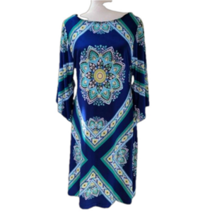 Carole Little Dress 3/4 Kimono Sleeve Blue Mandala Print Size 10 EUC